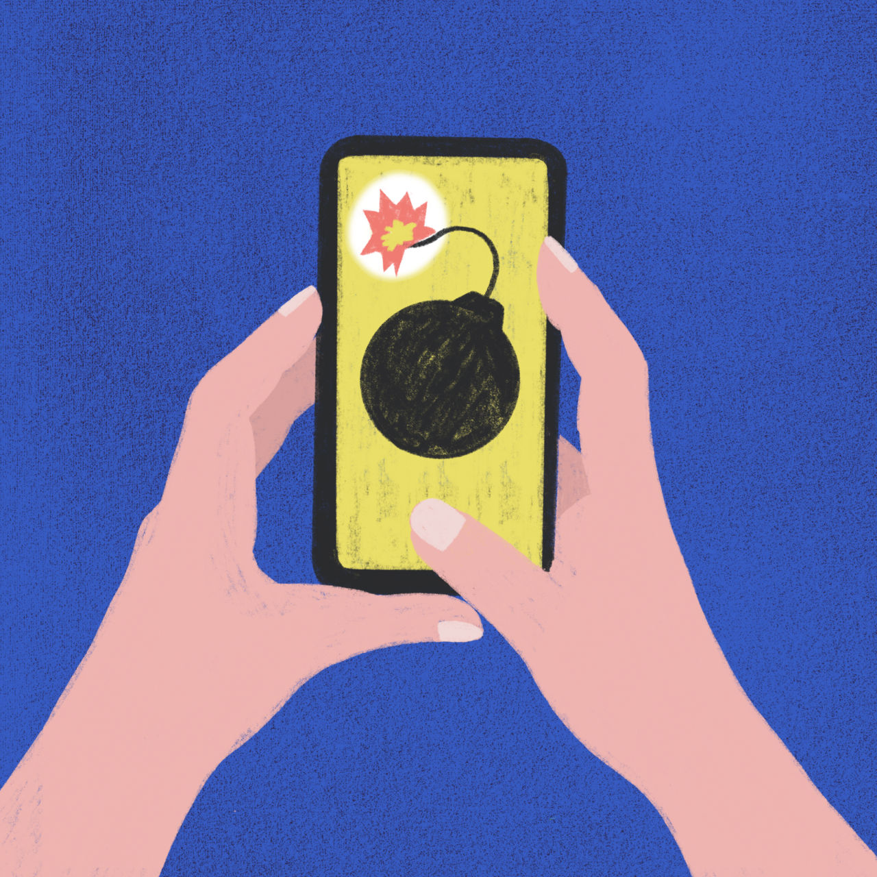 Illustratie van handen met telefoon en bom