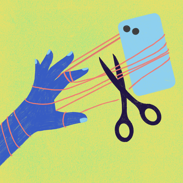 Illustratie van hand met schaar en telefoon