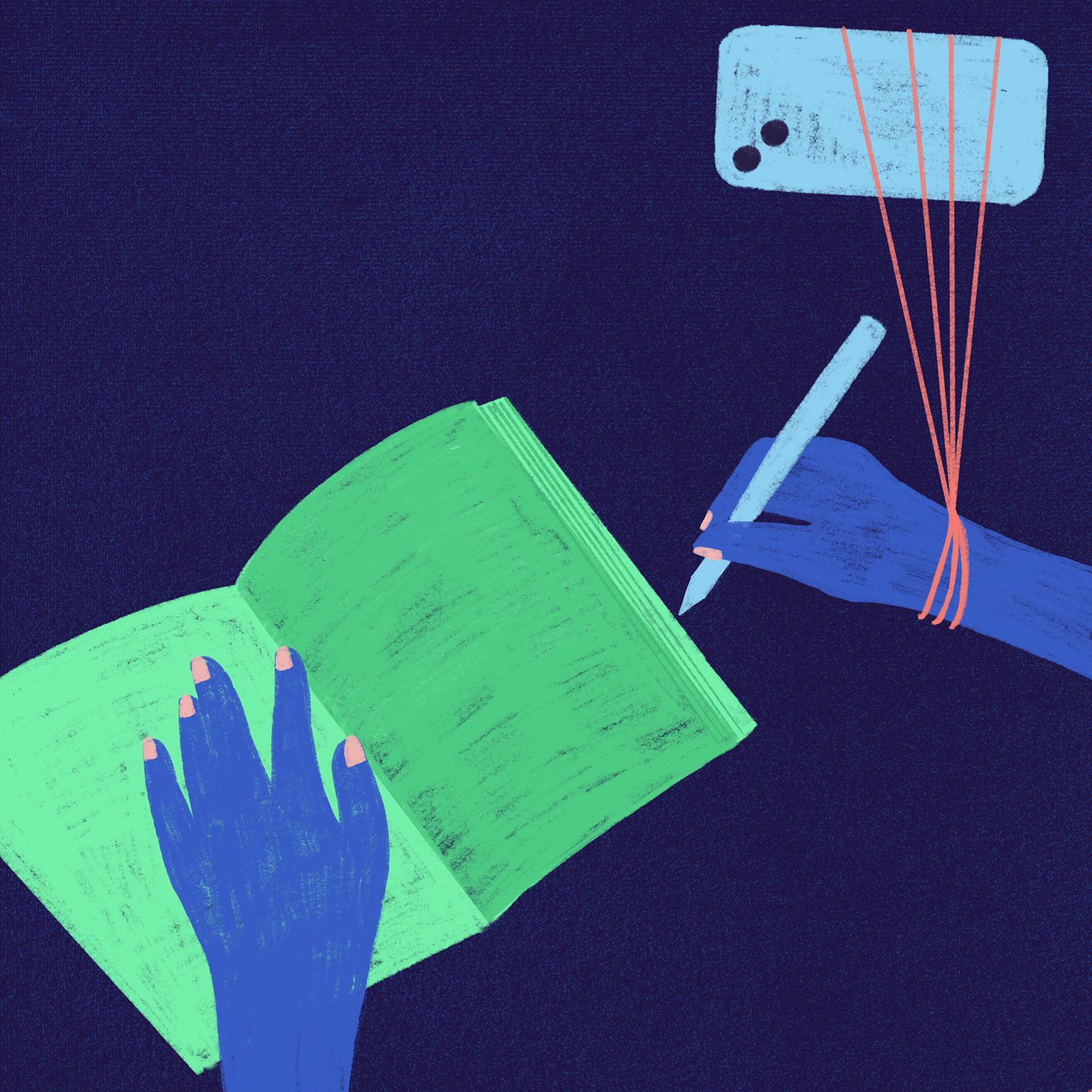 Illustratie van handen met notitieboek en telefoon